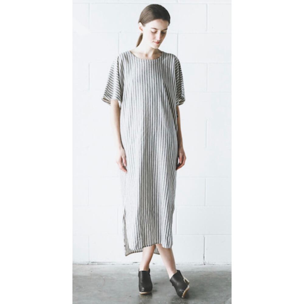 Black Crane Linen Long Dress In Thin Stripe Blue White Small
